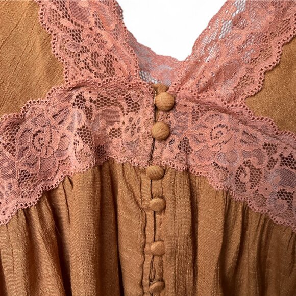 Rebellion Again Lace Trim Peplum Top Rust & Blush Lace Boho Romantic Blouse S - Picture 4 of 8